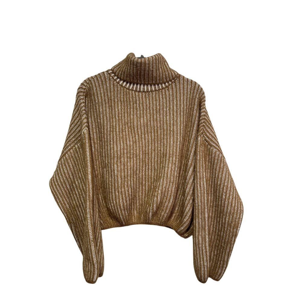 Stradivarius M Brown White Ribbed Cropped Turtleneck Sweater - Picture 2 of 7